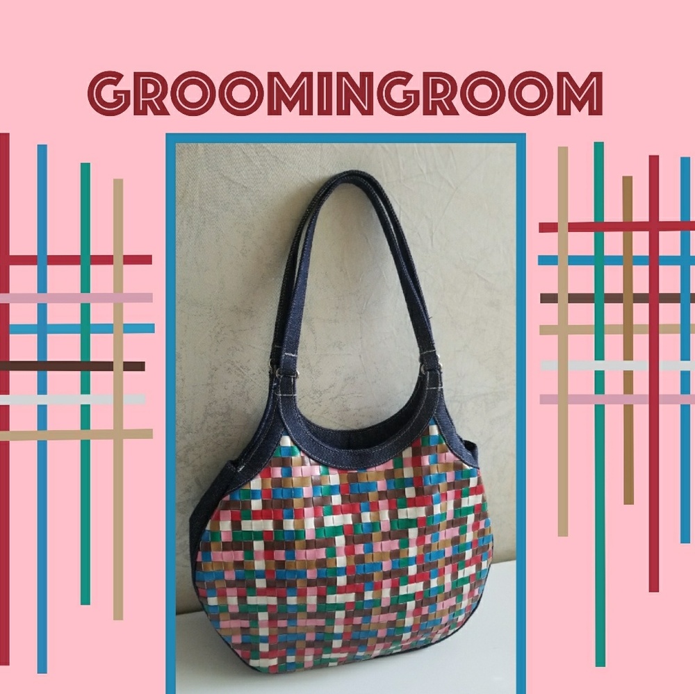 Multi colored woven leather+denim handbag Japan